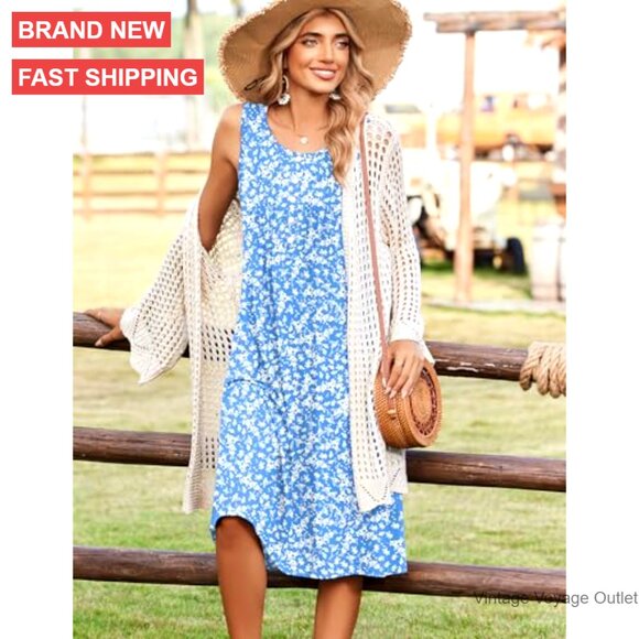 Flowy A-Line Midi Tank Dress with Pockets Casual Summer Sundress - Picture 5 of 7